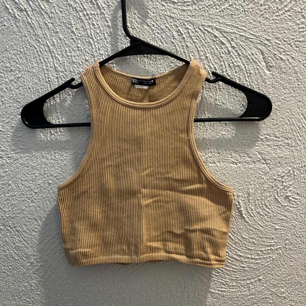 Zara Tan Fitted Crop Tank Top